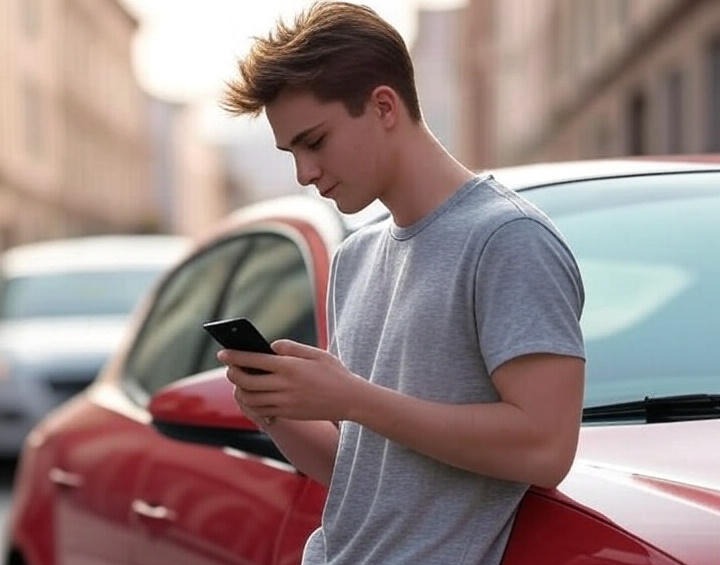 A man leans against his car, looking at his phone as his electric vehicle charges outside.