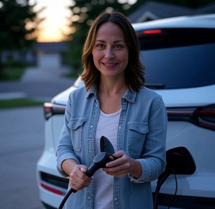 A woman in a jacket charges her black EV outdoors.